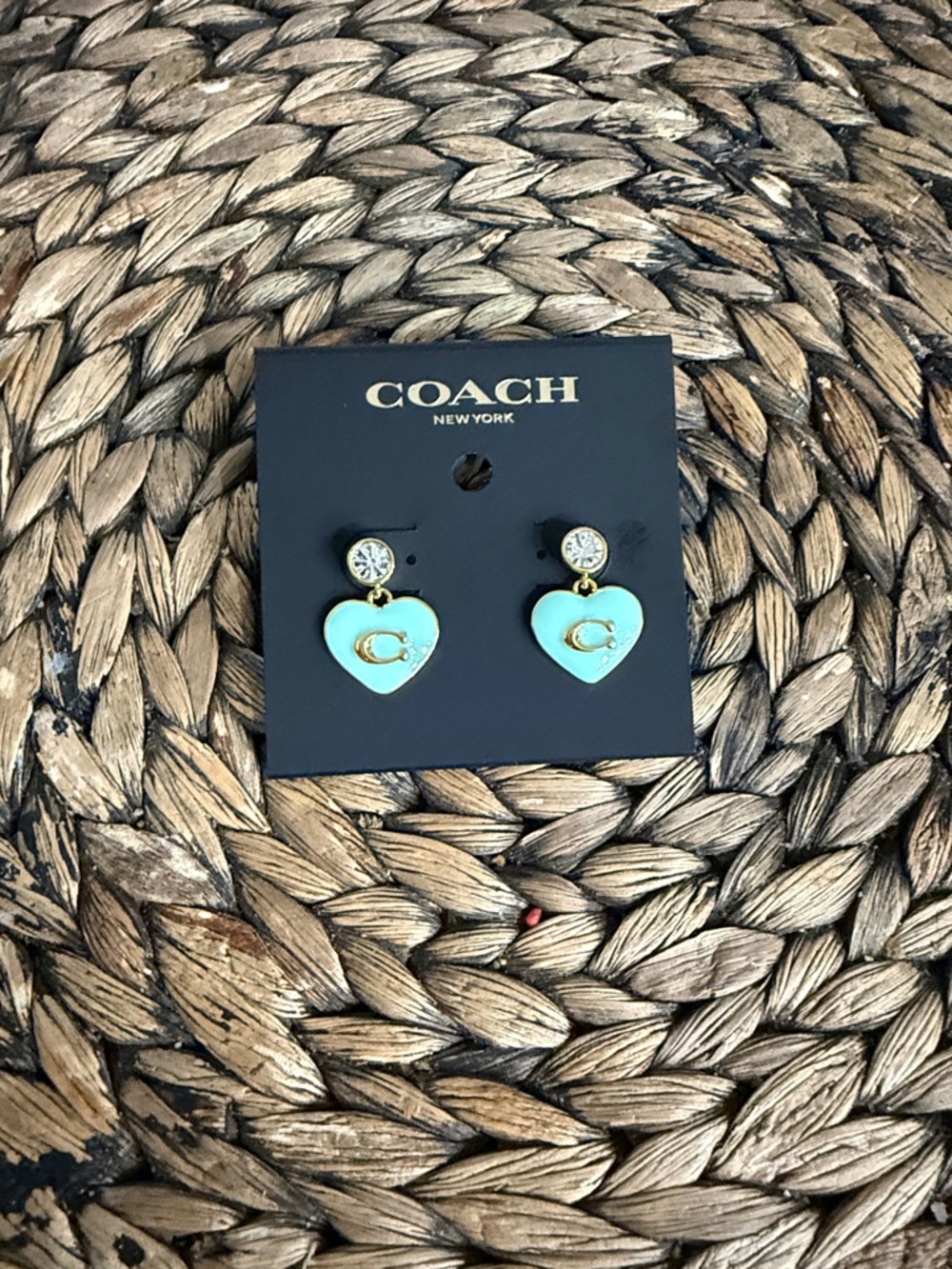 Coach Turquoise Heart Drop Earrings with Gold Accents and Crystal Studs